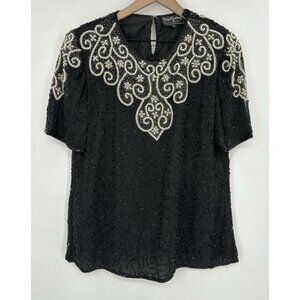 Royal Feelings Vintage Beaded Top Women Medium Black Pure Silk Rayon Lining